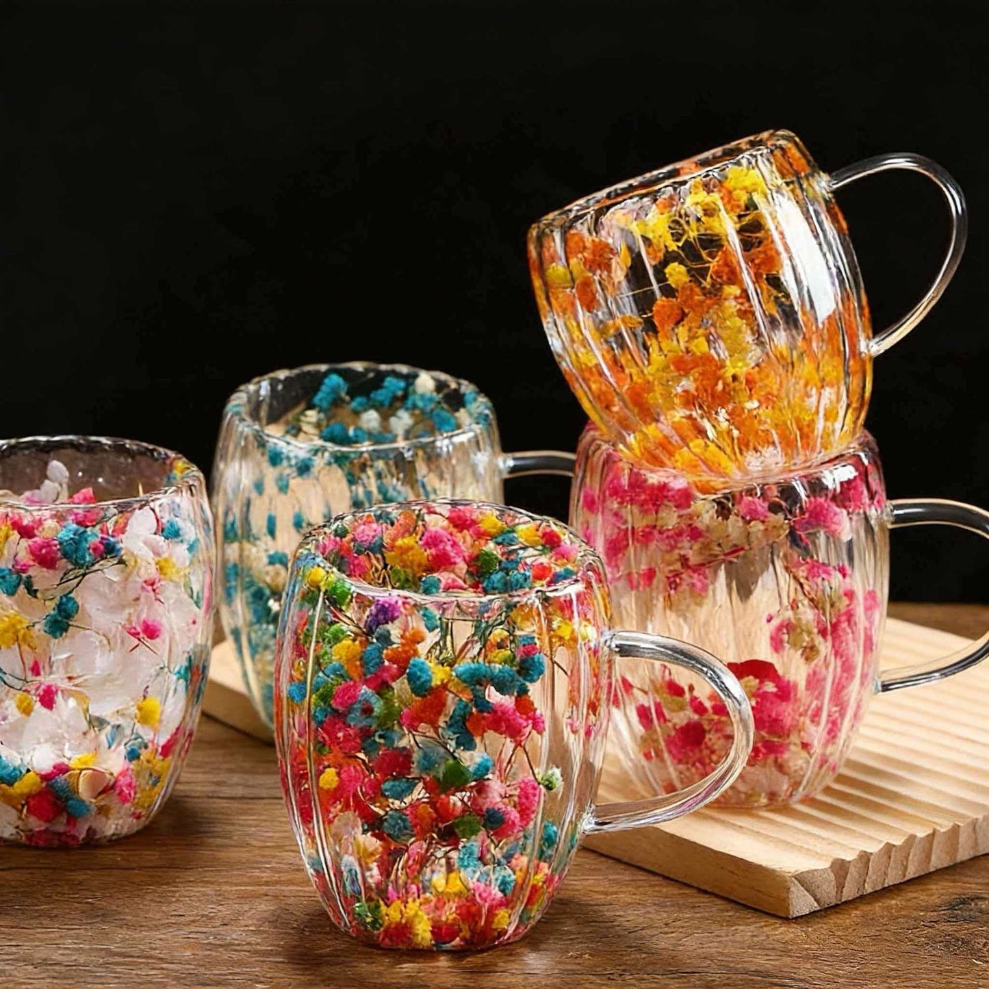 Handmade Striped Aesthetic Coffee Cup Floral Borosilicate Glass Mug