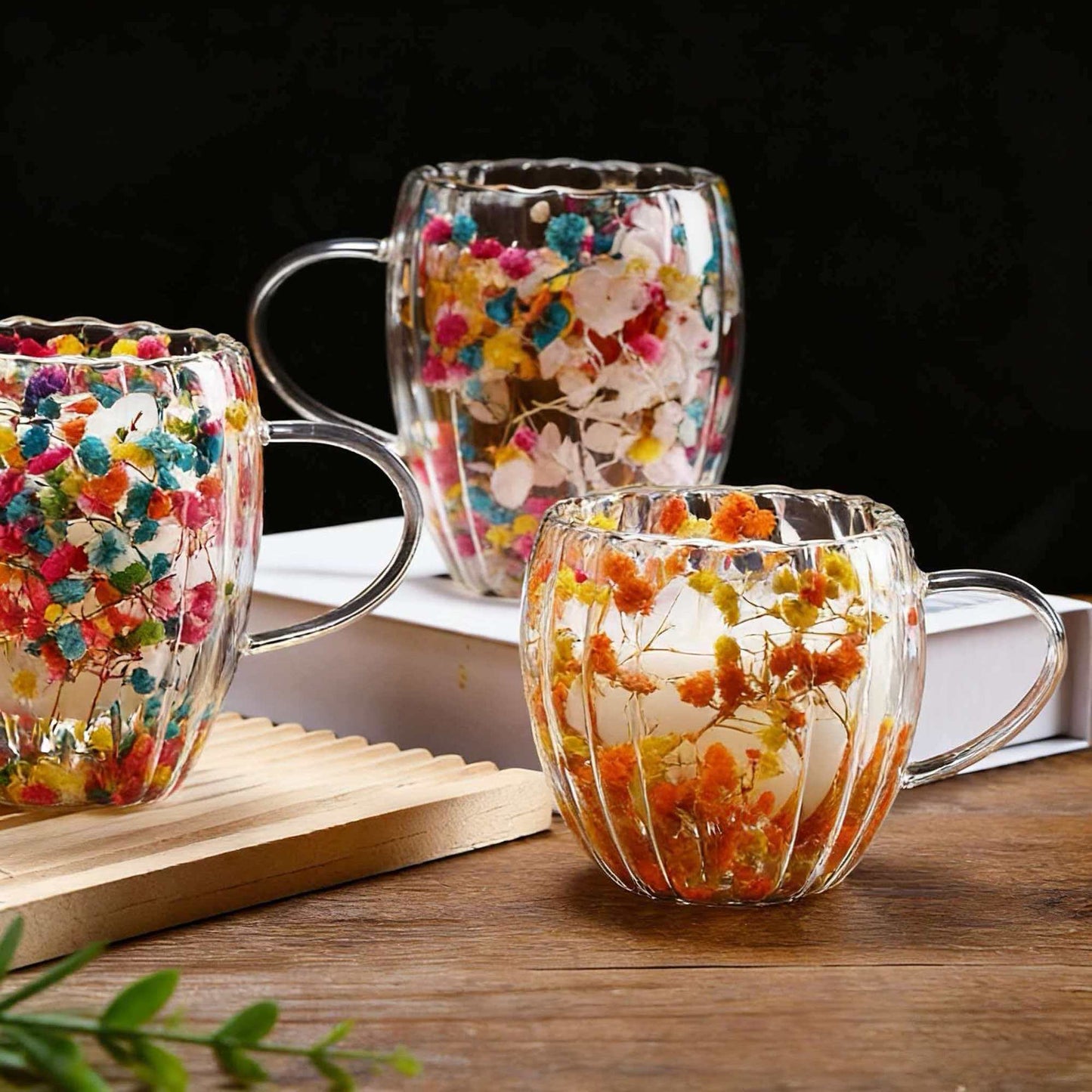 Handmade Striped Aesthetic Coffee Cup Floral Borosilicate Glass Mug