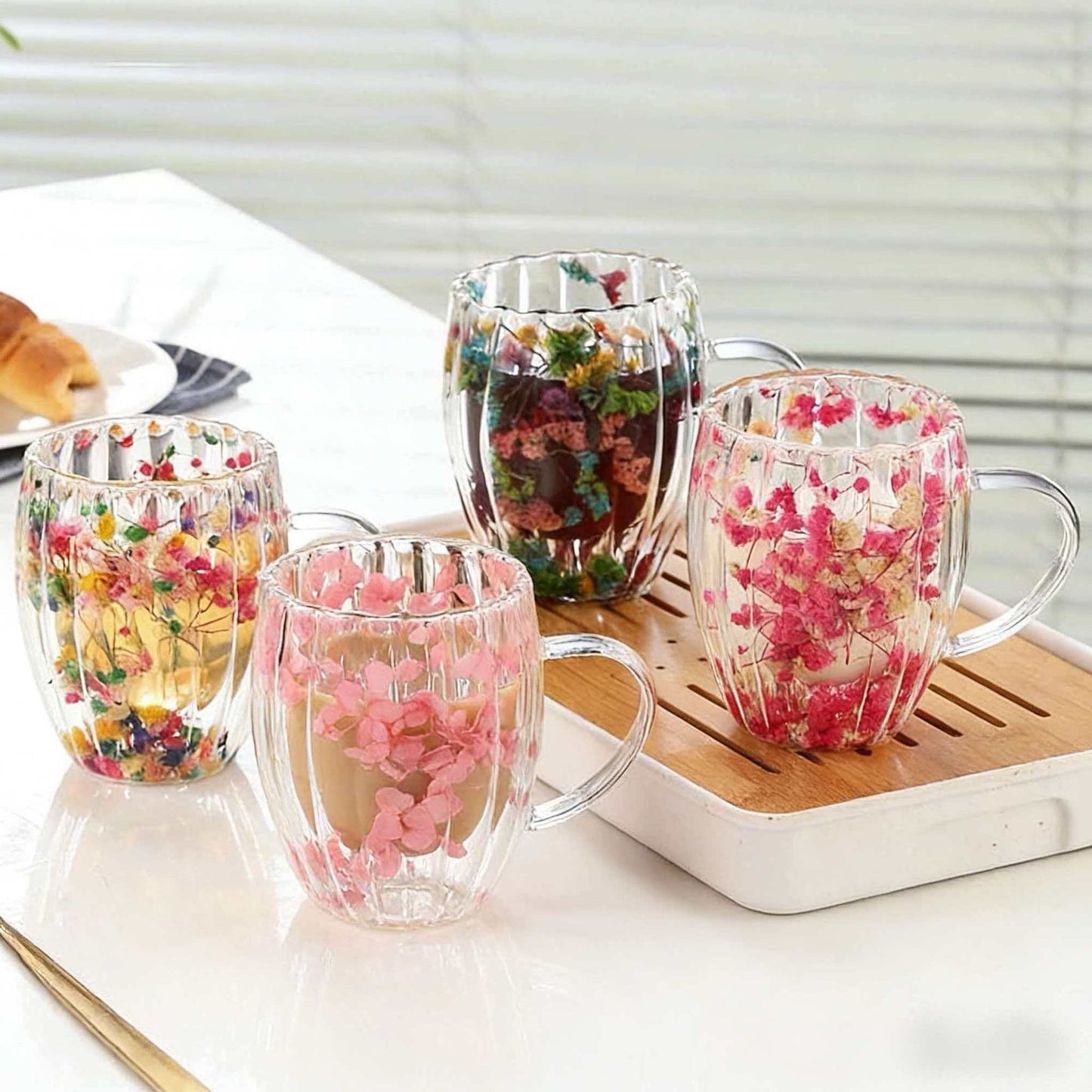 Handmade Striped Aesthetic Coffee Cup Floral Borosilicate Glass Mug