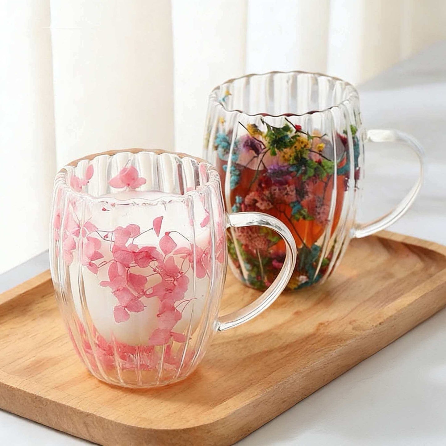 Handmade Striped Aesthetic Coffee Cup Floral Borosilicate Glass Mug