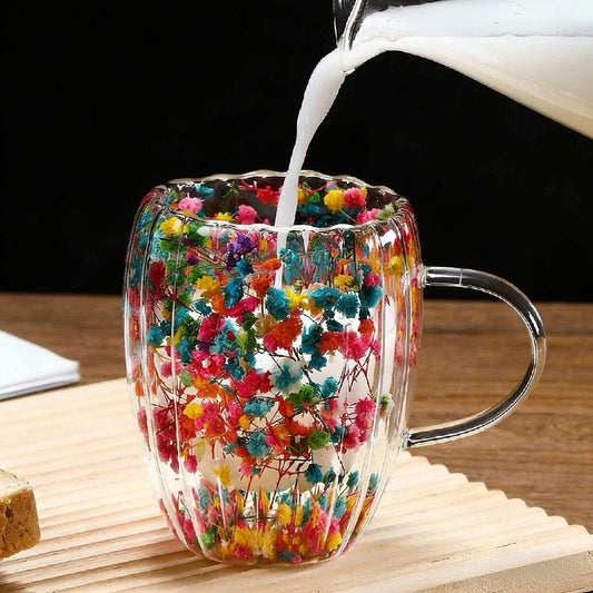 Handmade Striped Aesthetic Coffee Cup Floral Borosilicate Glass Mug